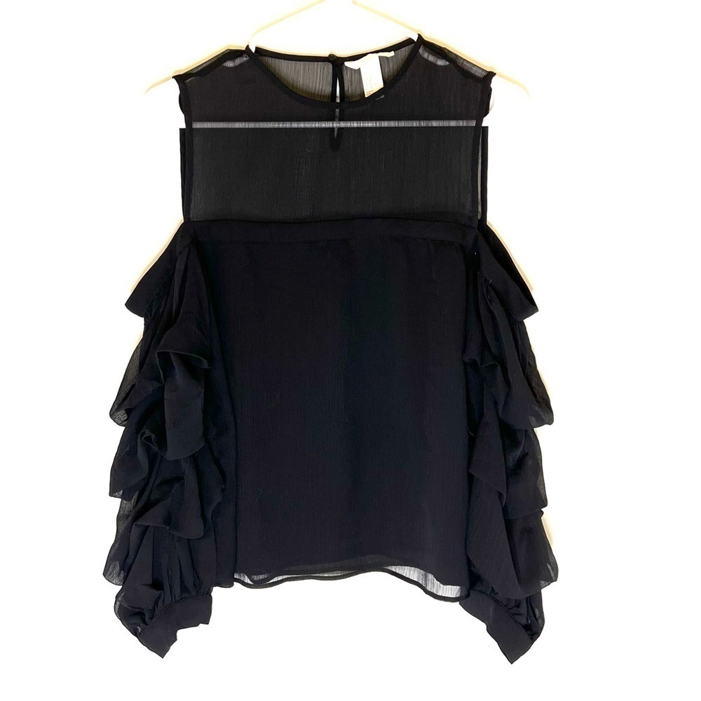 2/$15 H&M Black Sheer Cold Shoulder Ruffle Sleeve Blouse Size 8